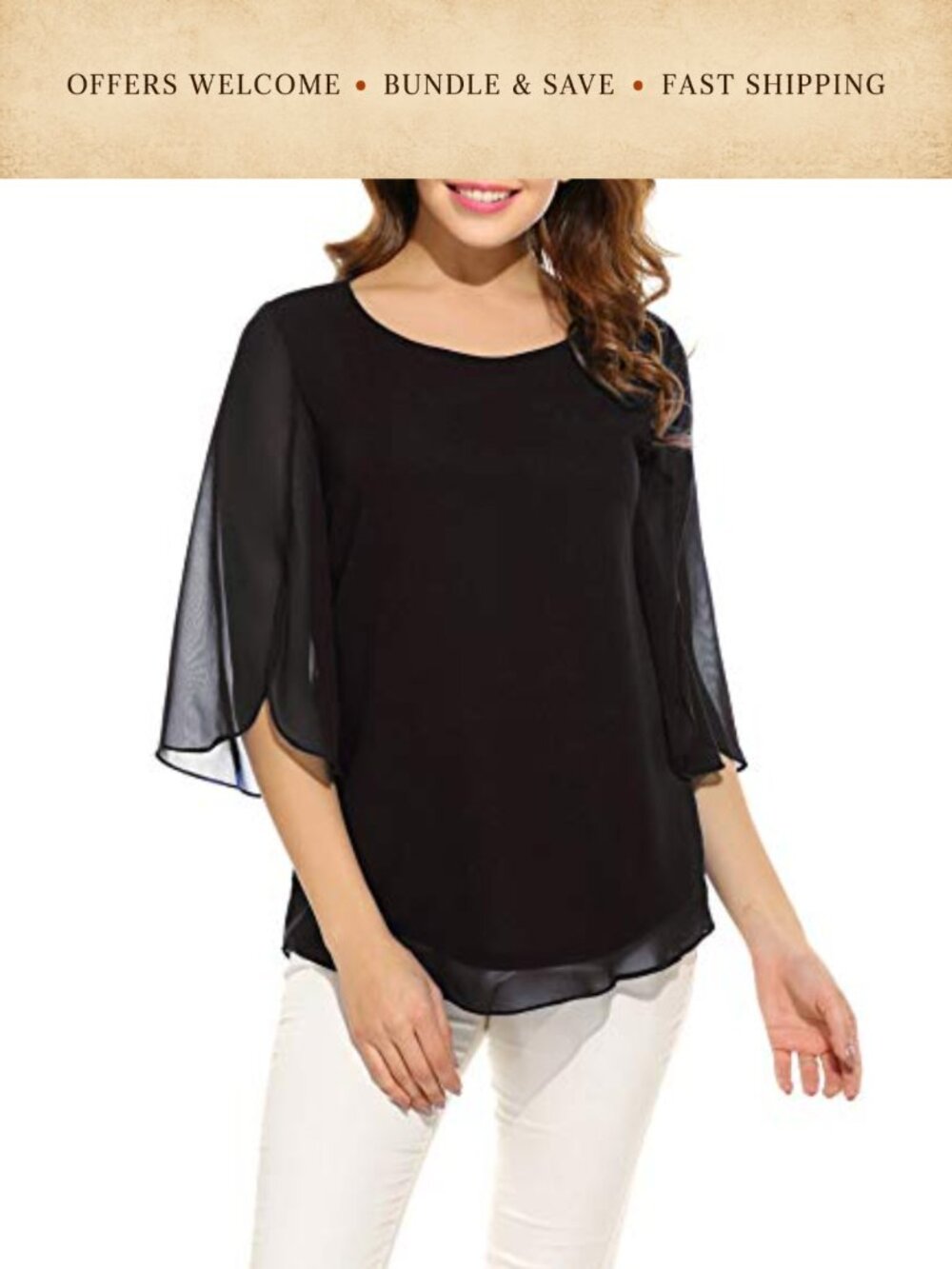 Women's Chiffon Double Layer Scoop Neck Bell Sleeve Blouse